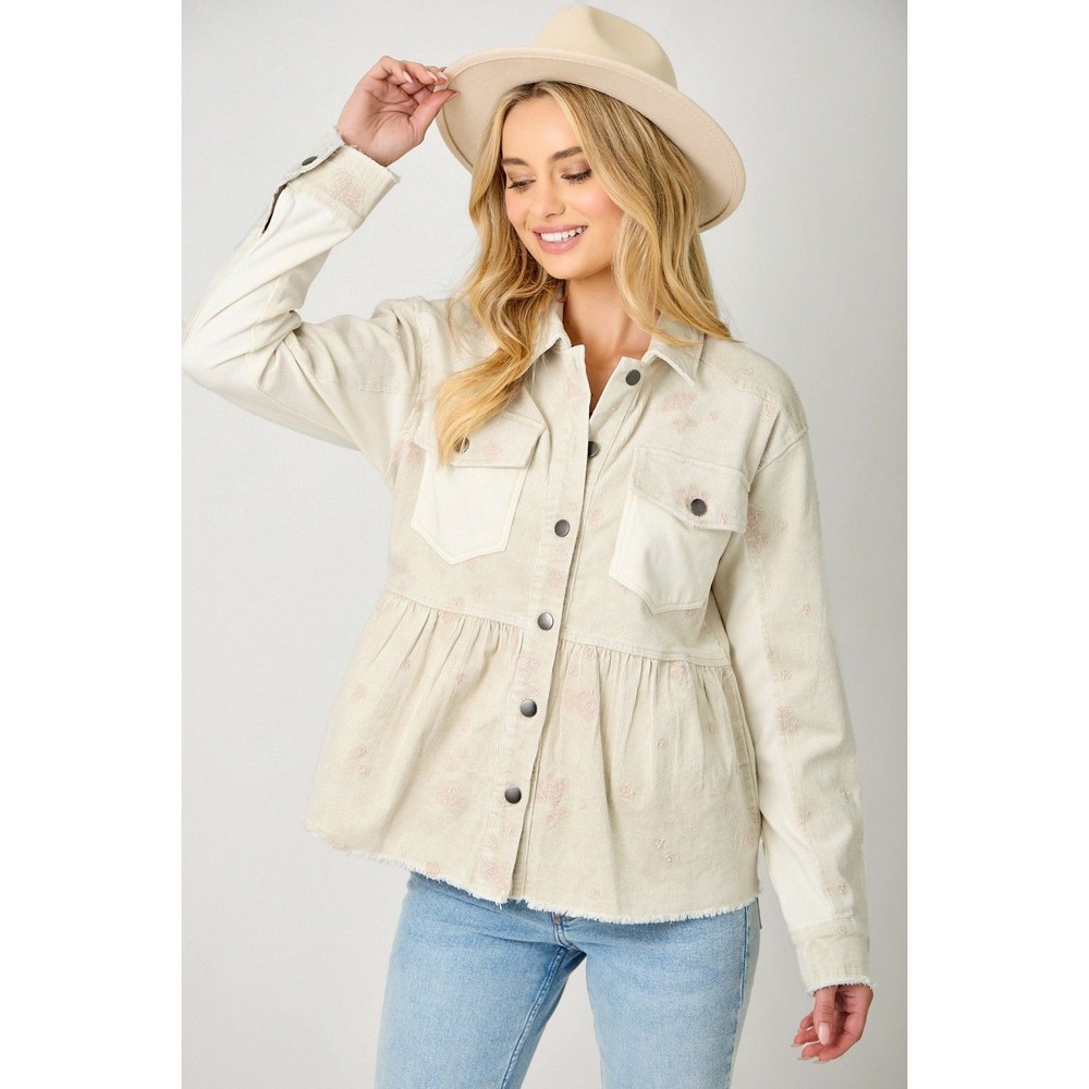 Mystree Washed Peplum Embroidered Corduroy Shacket Cream Beige Large NWT
